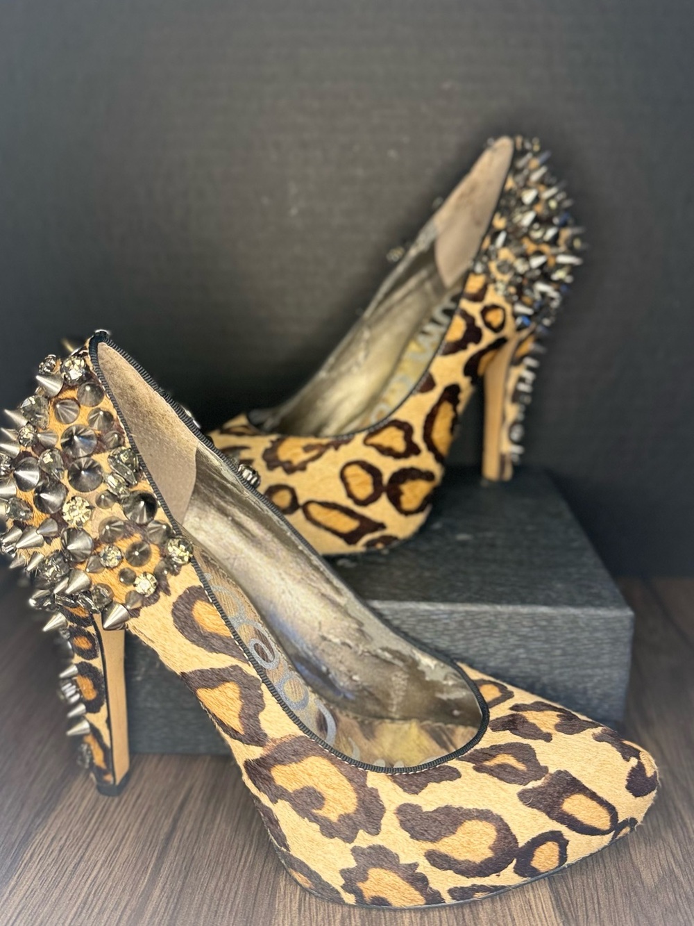 Sam Edelman Leopard-Print Pointed Pumps with Spike Trim - Tan/Black